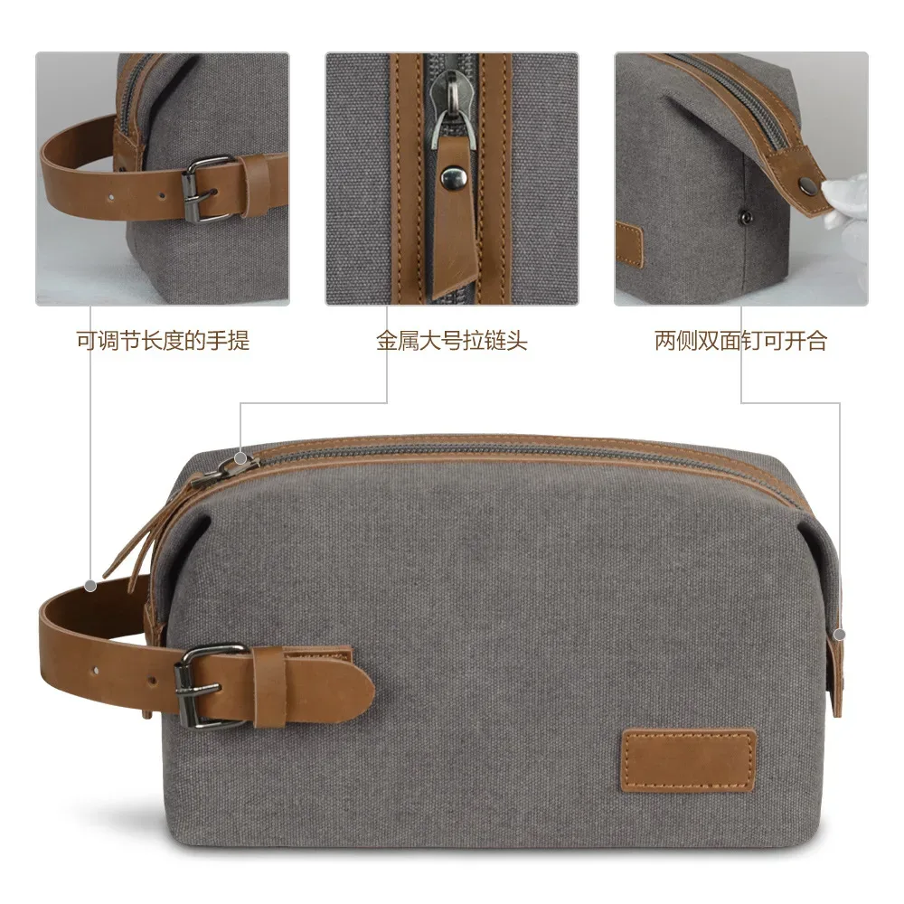 trousse de maquillage rétro de grande capacité, toile portable avec coutures en cuir de cheval fou pour hommes et femmes
