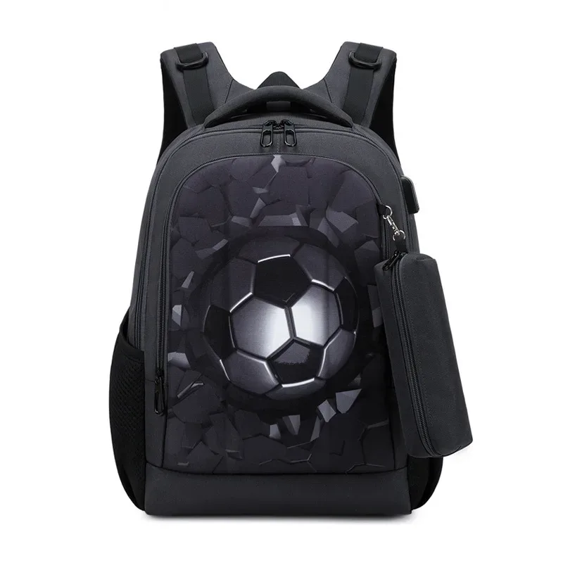 sacs à dos de football noirs pour garçons, sacs à dos orthopédiques à coque rigide pour collégiens, sacs à livres multifonctionnels avec chargeur usb