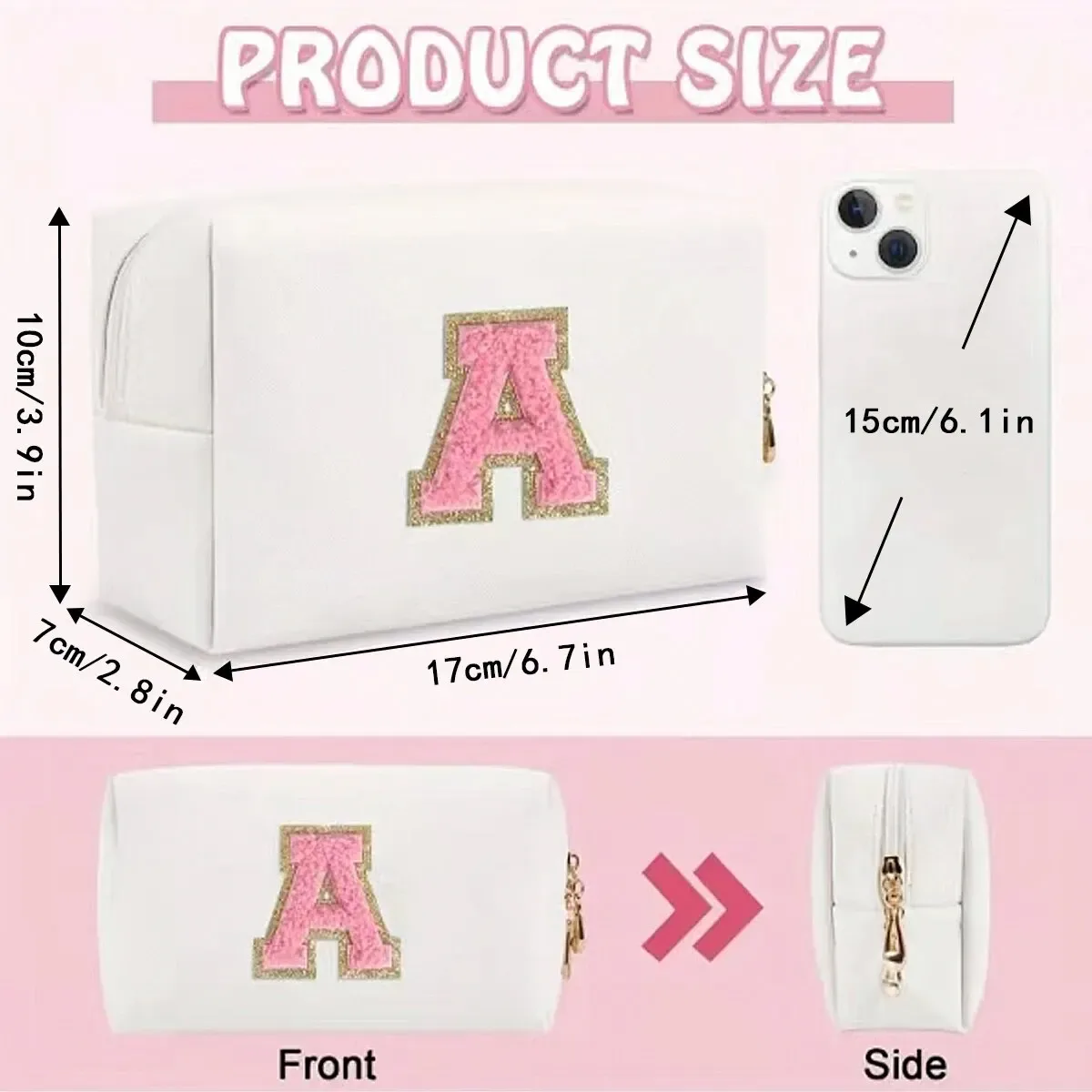 trousse de maquillage preppy pour femmes, trousse de toilette de voyage, sac à cosmétiques avec lettres en chenille, pochette étanche en cuir pu, joli organisateur à fermeture éclair-ll