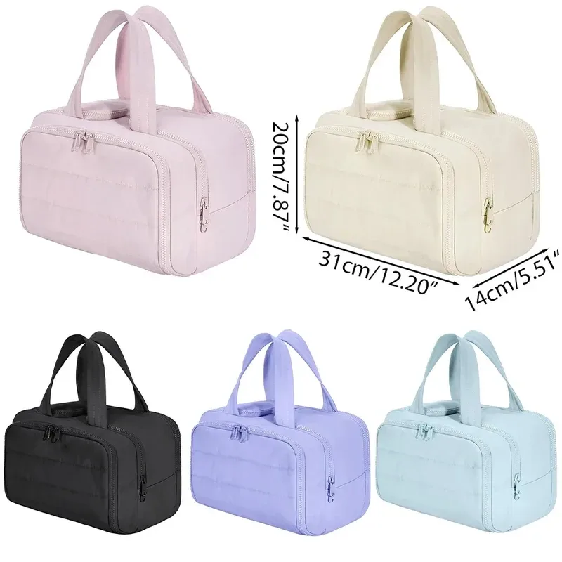 grande trousse de maquillage de voyage 180 °   organisateur de toilette à large ouverture, trousse à cosmétiques rembourrée résistante à l'eau avec poignée pour bouteilles pleines grand format