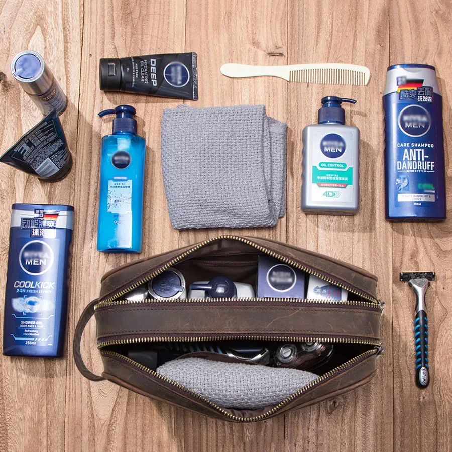 contact's – trousse à cosmétiques en cuir véritable pour hommes, trousse de toilette vintage, trousse de maquillage, organisateur de voyage