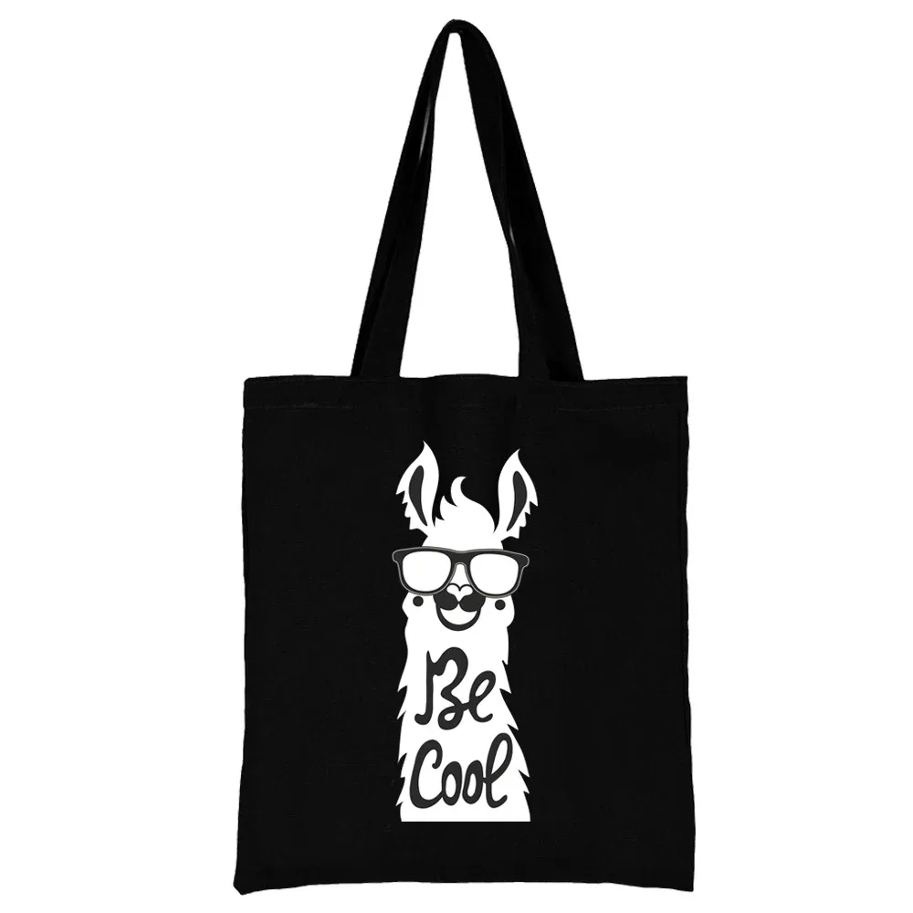 sac de shopping en toile noire pour femmes, fourre-tout décontracté réutilisable, sac à bandoulière à motif blanc imprimé, sac à main pliable de grande capacité