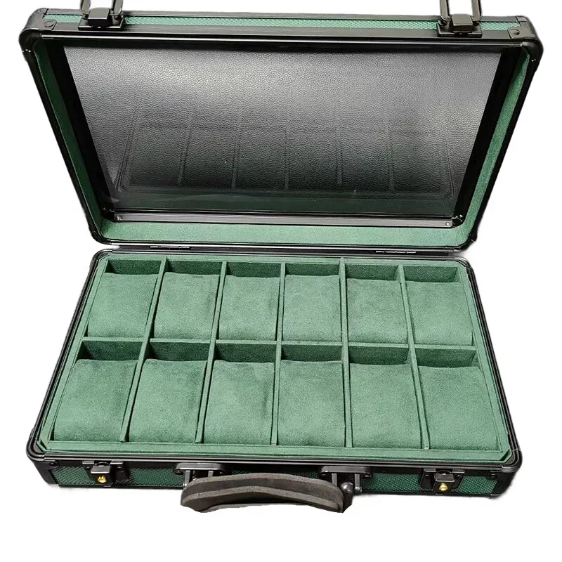 boîte de rangement de bijoux en aluminium à 12 fentes avec fenêtre, organisateur de boîtier de montre de luxe à lumière supérieure transparente pour porte-documents de montres