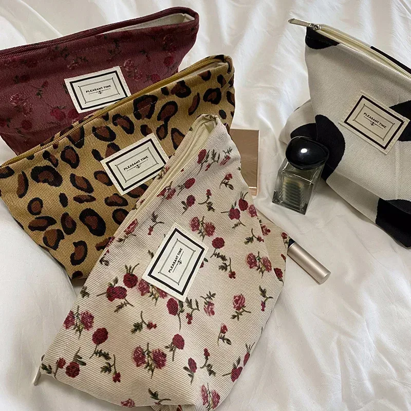 trousse à cosmétiques de beauté florale pour femme, trousse de maquillage, broderie coréenne, velours côtelé, grand sac de rangement de lavage et de toilette, poudres, voyage