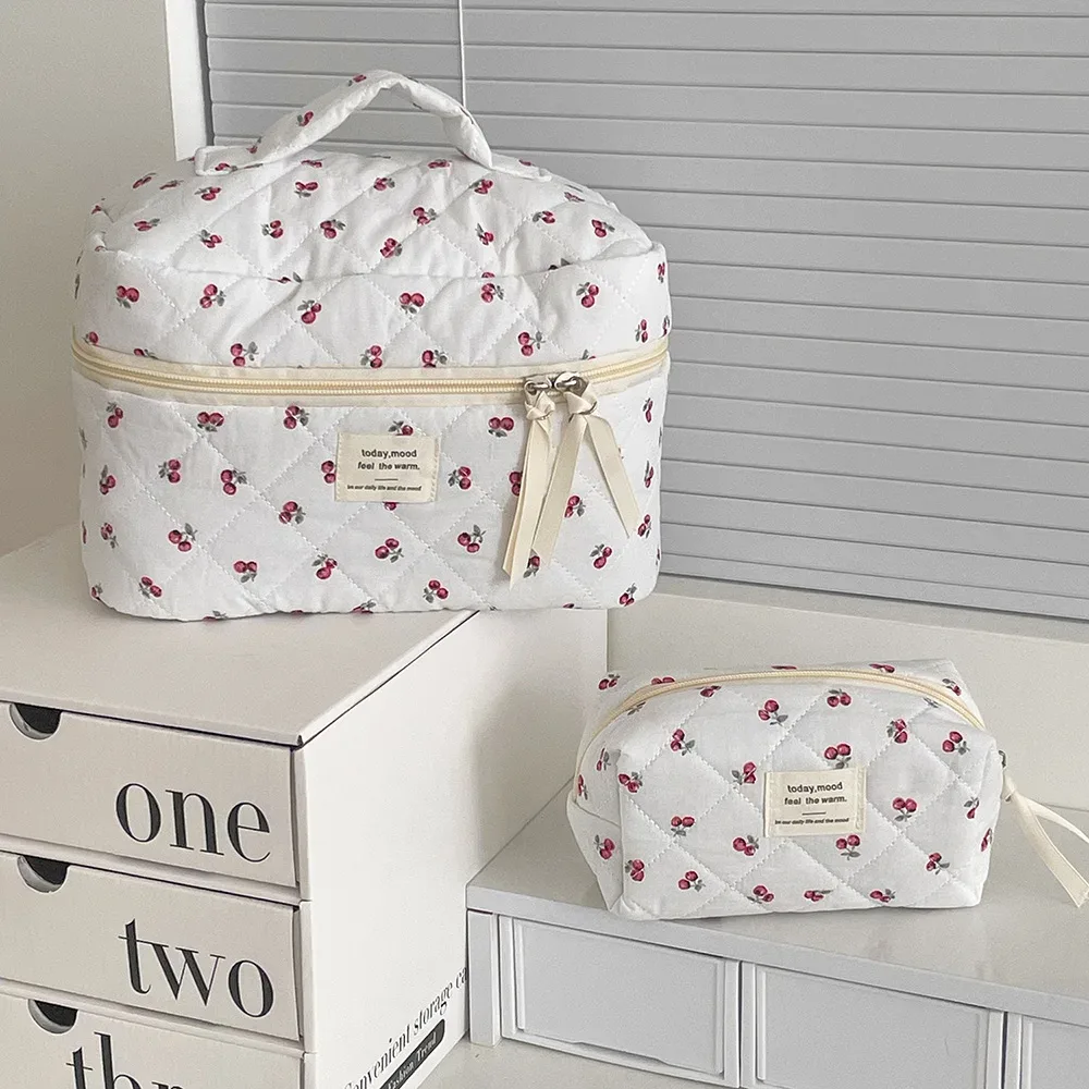 mode cerise fourre-tout femmes sac de maquillage portable mignon dames cosmétique toilette pochette de rangement sac à main coton matelassé sac à fermeture éclair