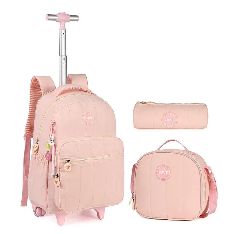 sac à dos à roulettes pour enfants et adolescentes, ensemble de sacs d'école avec sac à déjeuner, bagages à roulettes pour étudiants