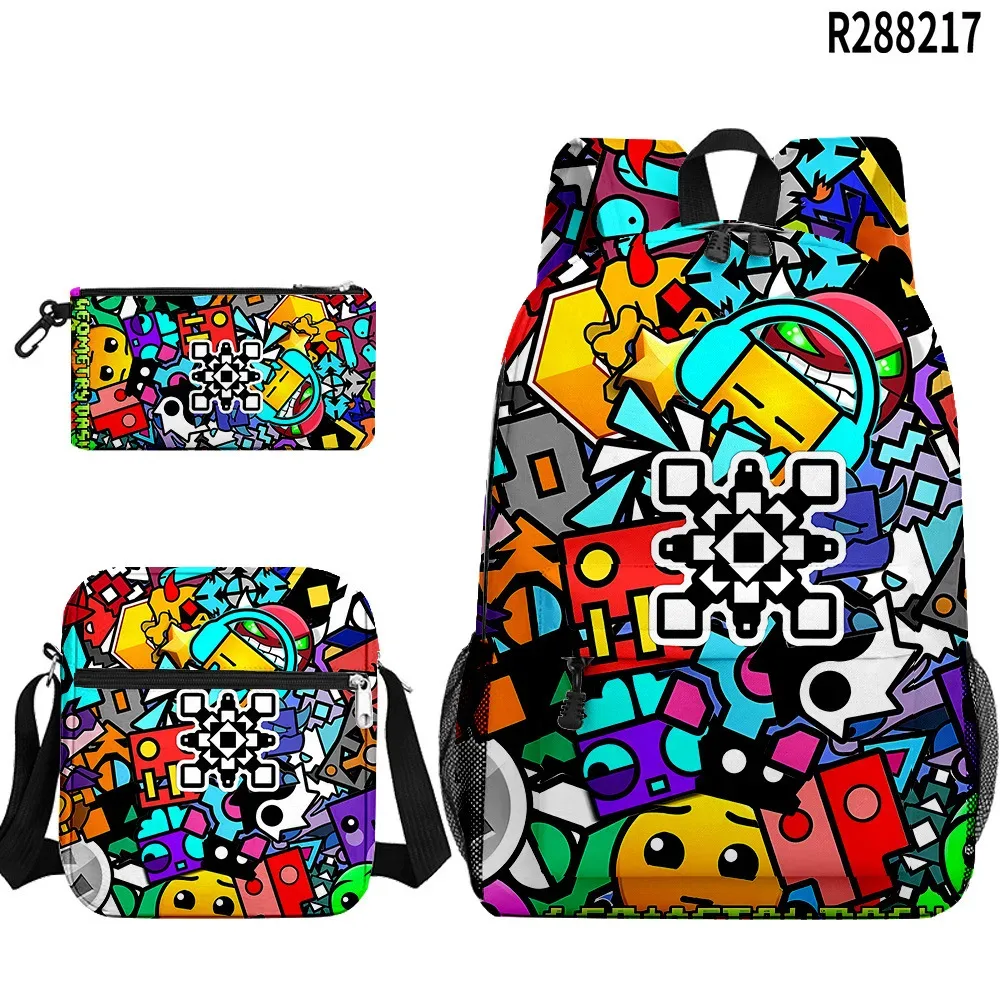 populaire cool geometry dash 3d imprimé 3 pièces/ensemble sacs d'école pour élèves sac à dos pour ordinateur portable sac à dos sac à bandoulière incliné trousse à crayons