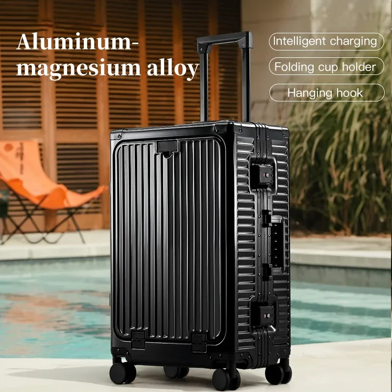 sushimu bagage en alliage d'aluminium-magnésium de 20 pouces avec ouverture avant, valise trolley, valise à main, voyage en métal