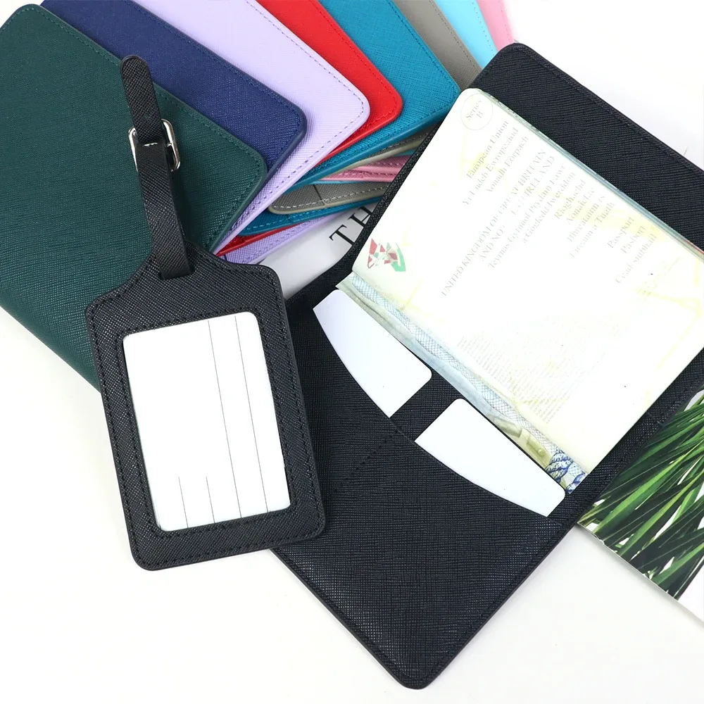 ensemble cadeau de voyage personnalisé : porte-passeport en cuir à motif croisé, porte-billets, porte-passeport en pu, porte-étiquette de bagage