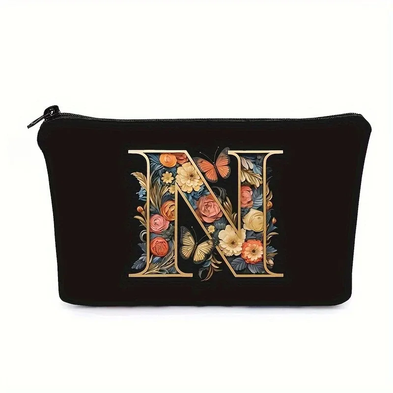 trousse de maquillage noire avec imprimés de 26 lettres de l'alphabet anglais, pochette à cosmétiques, sacs de rangement multifonctionnels