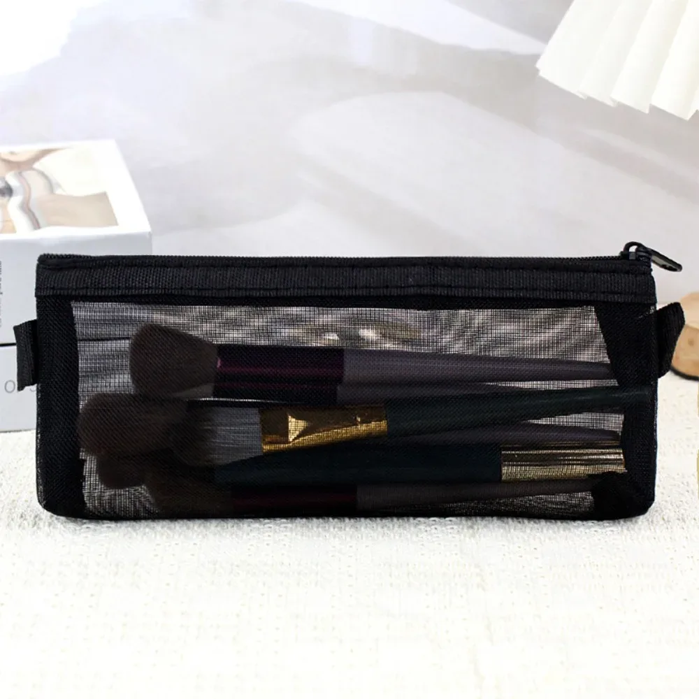 sac de rangement de cosmétiques transparent portable, sac de maquillage en maille imprimé cœur noir mignon, pratique à transporter, sac à crayons à fermeture éclair