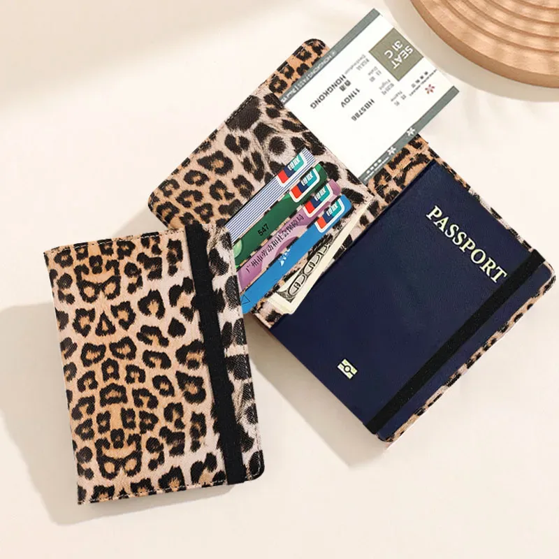 Housse de passeport avec bande de fixation, étanche, avec clip intégré, protection RFID, motif léopard, porte-passeport, accessoires de voyage
