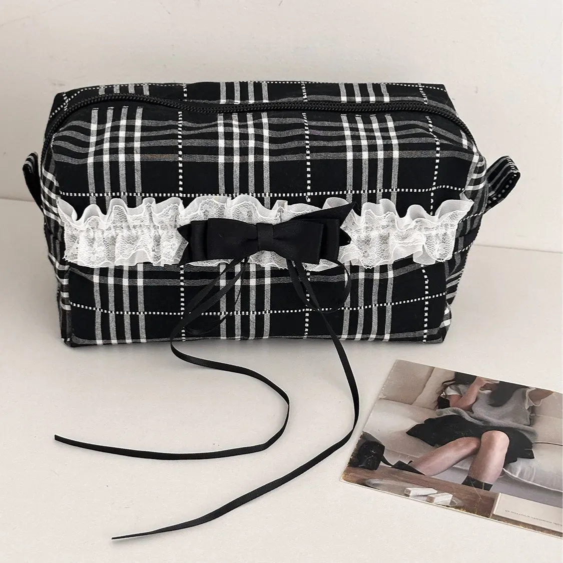 sacs à cosmétiques en toile avec nœud en dentelle pour femmes, pochette portable pour dames, étui de maquillage pour rouge à lèvres, sac de rangement à la mode