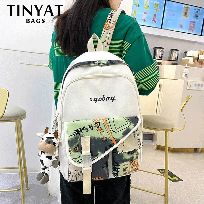 TINYAT Sac à dos d'école en toile vintage pour filles, sac à livres esthétique avec poches cachées, sac d'université léger pour le sport, la salle de sport
