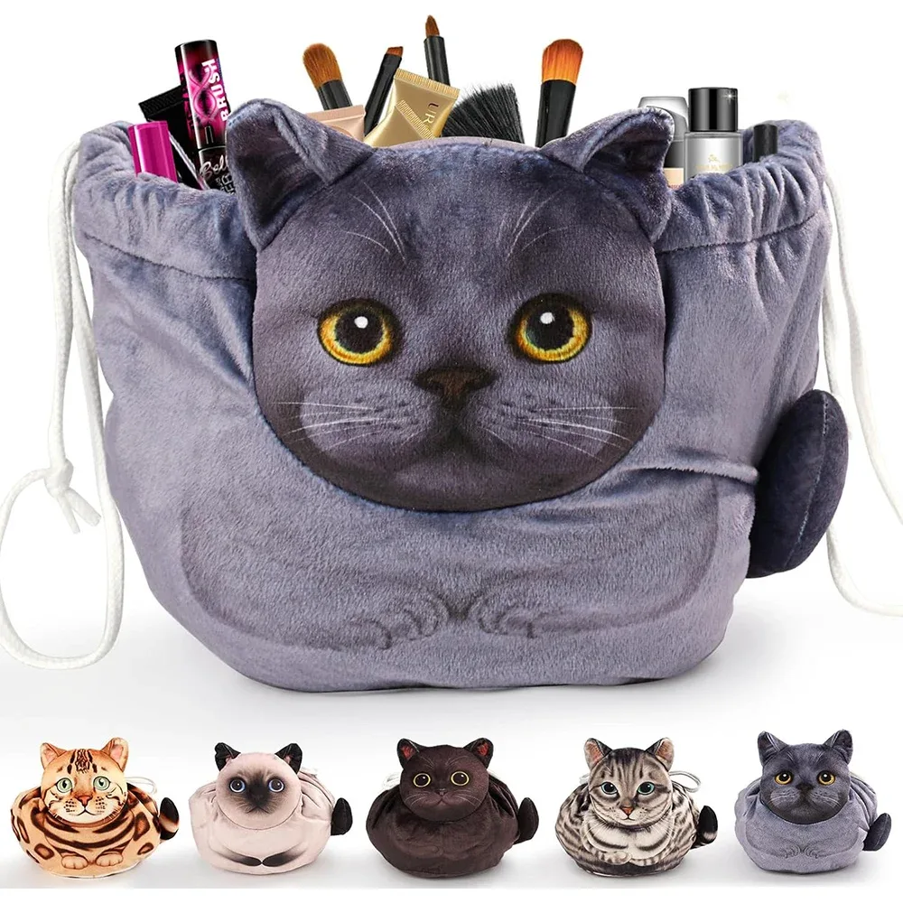trousse de maquillage à cordon en forme de chat, sac à cosmétiques portable de grande capacité pour femmes, organisateur de voyage, sac de rangement, pochette de soins de la peau