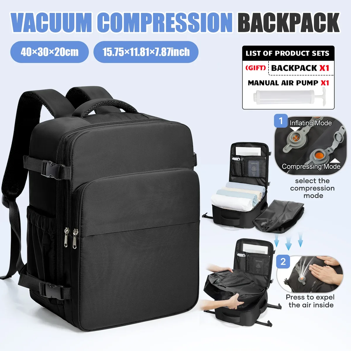 sac à dos 40x30x20 pour avion, bagage à main ryanair avec sac de compression sous vide, sac à dos pour femme, sac à dos sous vide, sac à dos pour ordinateur portable