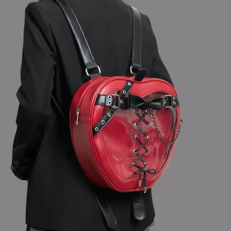 sac à dos ita bag en forme de pomme rouge, style gothique lolita, avec nœud et lacets croisés, fenêtre transparente pour présentation de poupées, sac à dos exquis pour filles