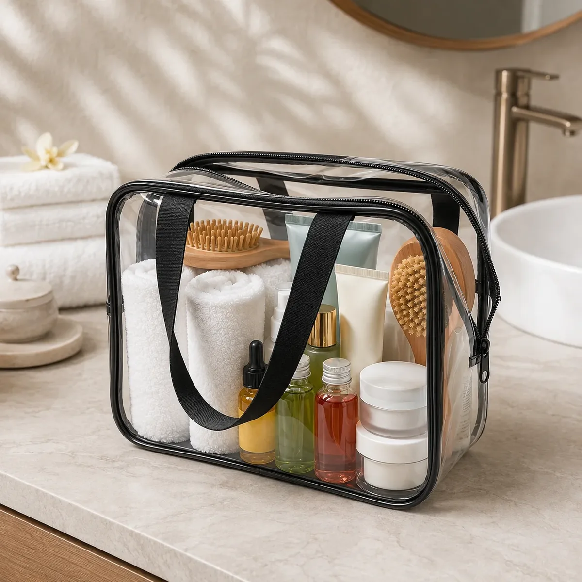 grande trousse de toilette transparente en pvc imperméable, organiseur de voyage avec poignées pour femmes, rangement pour salle de bain et plage
