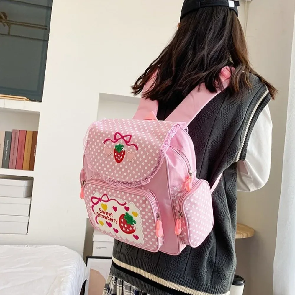 sac à dos scolaire kawaii fraise dessin animé broderie nœud fille sac à dos fruits mochila pois étudiant femme