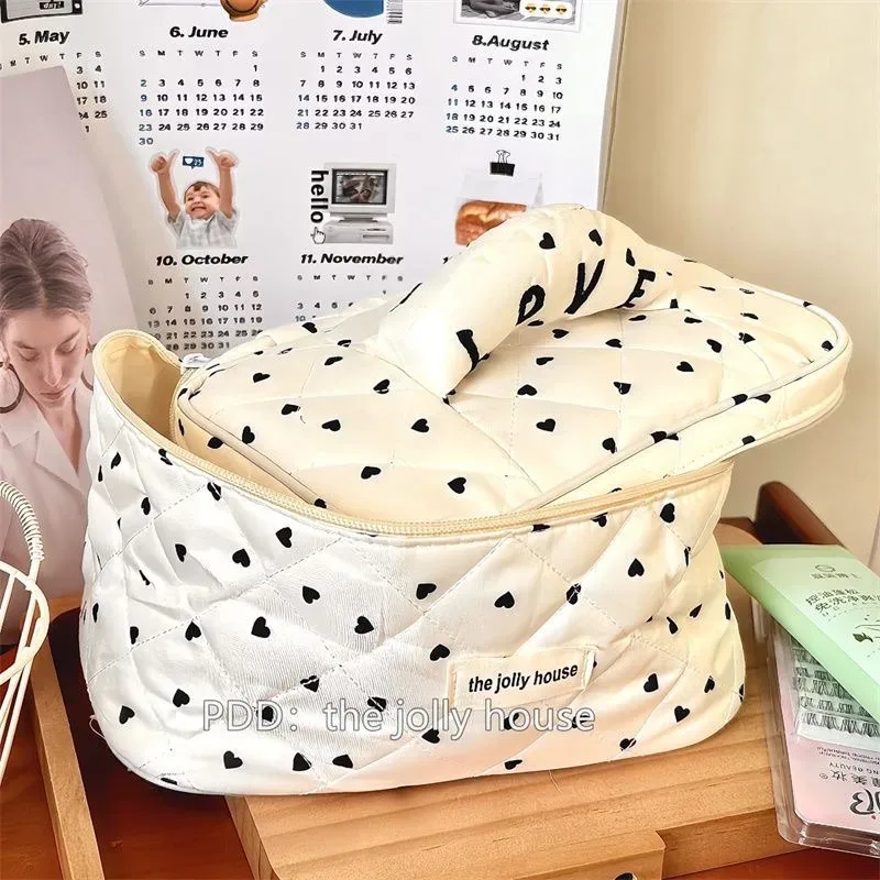 sac à main de maquillage en coton matelassé pour femmes, trousse de toilette portable, forme de boîte, fermeture éclair, évaluation cosmétique, femme, fille, mignon