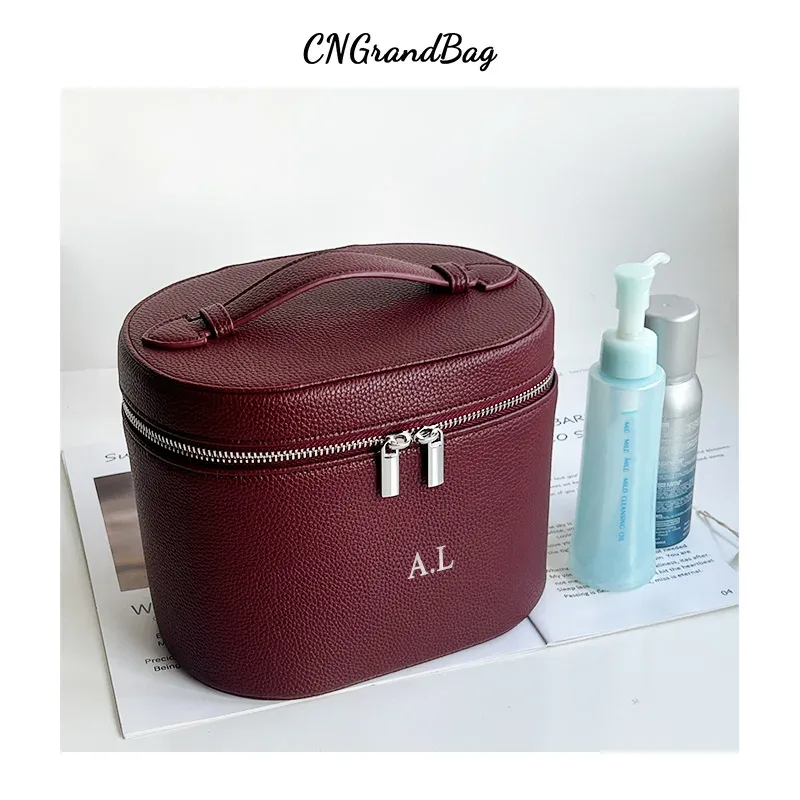 Sac de rangement de voyage portable avec nom personnalisable, sac à cosmétiques amovible avec compartiment de lavage séparé en cuir de galets