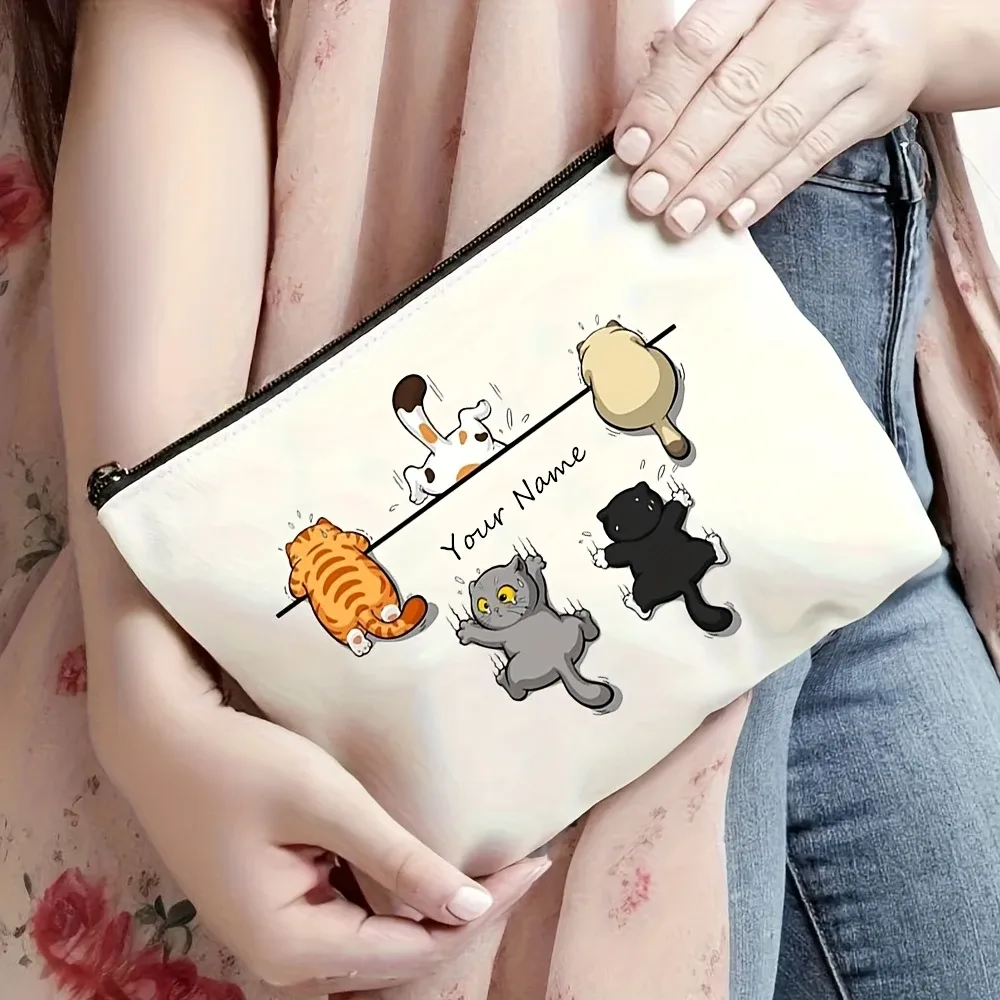 pochette de maquillage personnalisée avec imprimé chat - organisateur de cosmétiques à fermeture éclair avec un adorable motif multi-chats, polyester durable, grande capacité