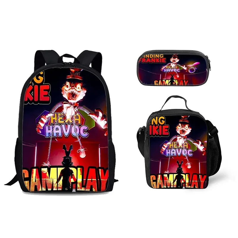 sac à dos tendance et populaire avec impression 3d frankie, ensemble de 3 pièces pour étudiants : sac à dos pour ordinateur portable, sac à déjeuner et trousse.
