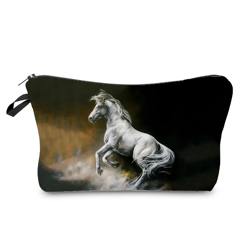 sacs de maquillage imprimés cheval pour femmes, sac à cosmétiques décontracté pour filles, mini trousse de toilette écologique réutilisable de voyage, trousse à crayons pour étudiants