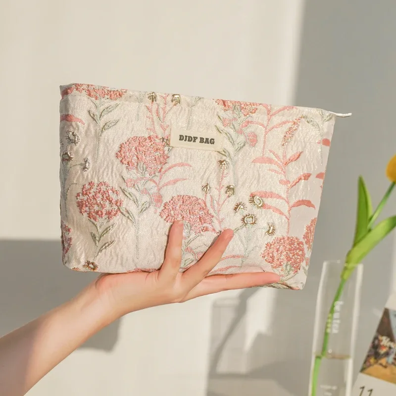 trousse de maquillage pour femmes, bouquet bleu, serviette hygiénique de grande capacité, retouche, fournitures de maquillage, sac de rangement en toile, trousse de toilette