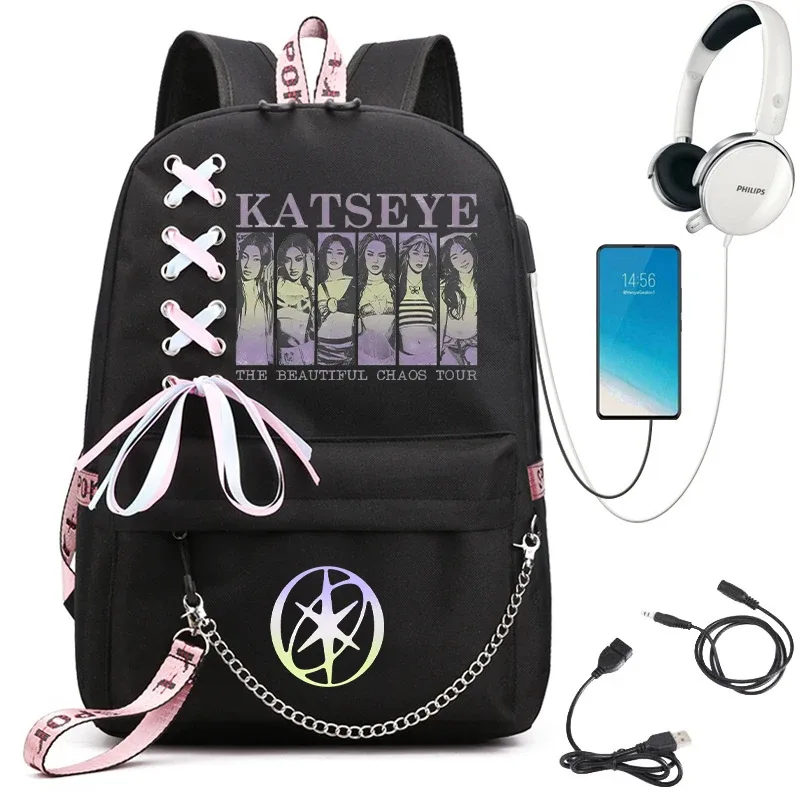 sac à dos d'école graphique katseye pour filles, sacs d'école pour adolescents avec port usb, sac pour ordinateur portable y2k pour femmes, sac à dos katseye pour étudiants