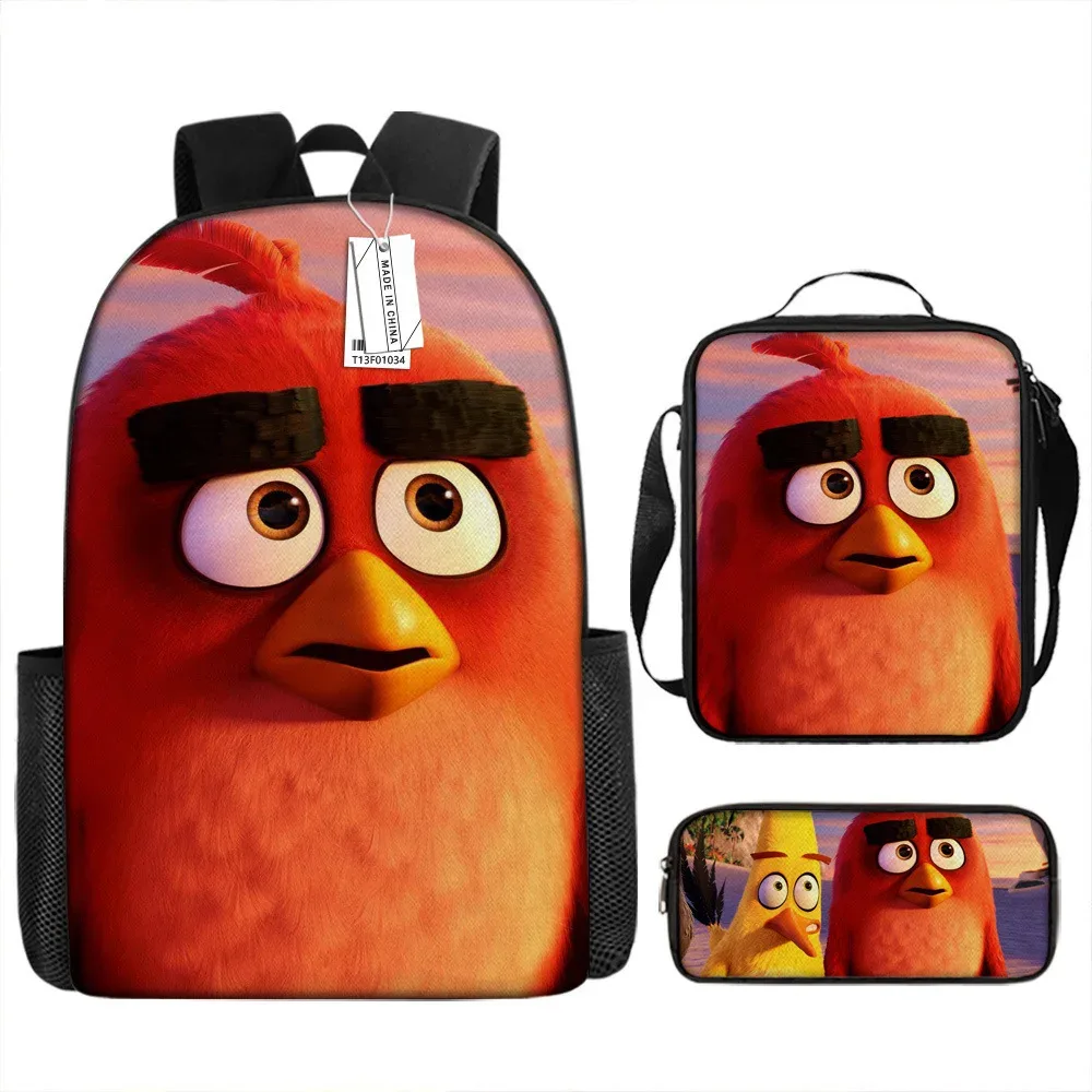sacs d'école de luxe originaux et cool avec impression 3d angry birds, 3 pièces/ensemble, sac à dos pour ordinateur portable, sac à déjeuner, trousse à crayons