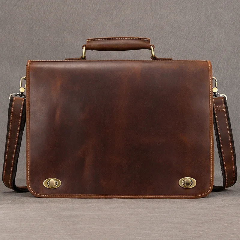 sac d'ordinateur en cuir de vachette véritable pour homme, sac pour ordinateur portable, étui à bombes, 100% cuir véritable, mode vintage, luxe, 15.6"