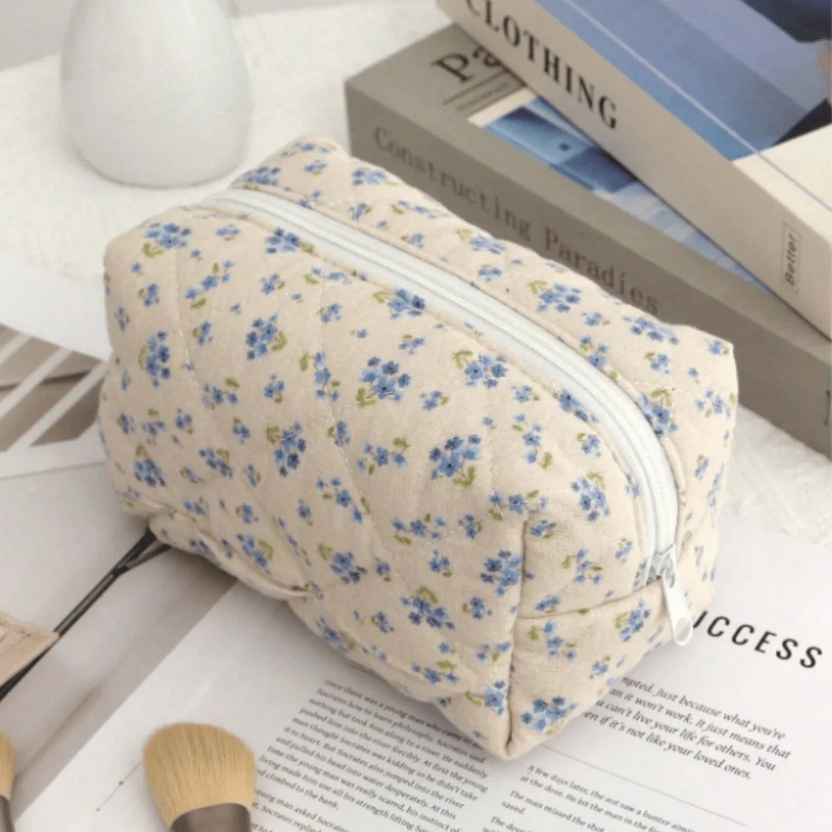 trousse de maquillage en coton avec nœud floral, sac de rangement, imprimé de fleurs, poudres cosmétiques, grande trousse cosmétique de voyage