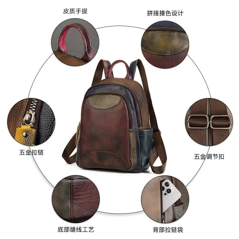 sac à dos vintage en cuir véritable pour femme, patchwork, sacs à bandoulière en cuir de vache véritable, mode dames, fourre-tout de voyage
