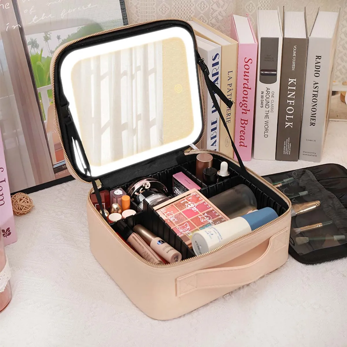 éclairage de maquillage à trois vitesses, trousse de maquillage de grande capacité, étui de maquillage, miroir plein écran, sac de rangement de maquillage de voyage portable