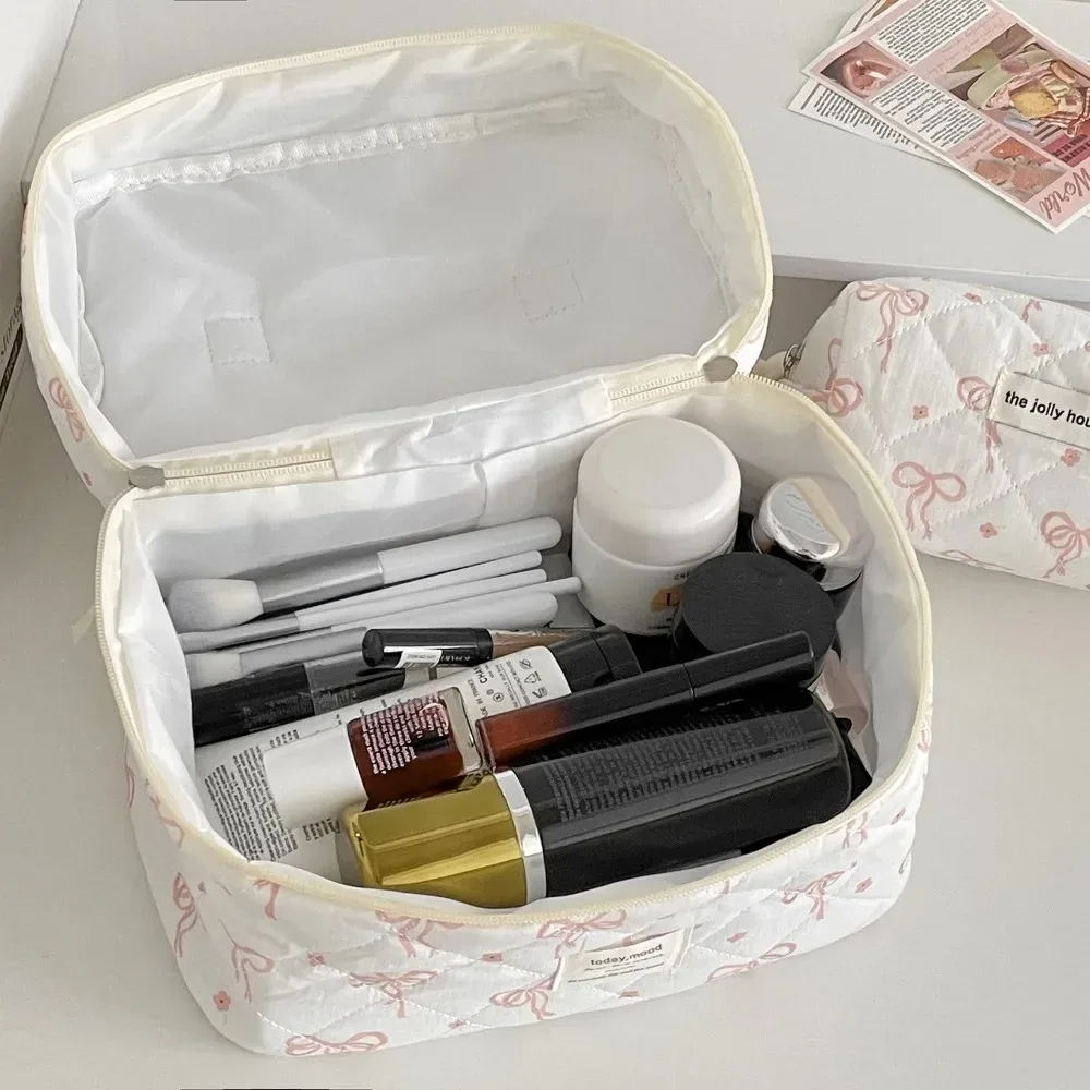 sac à cosmétiques de style coréen, sacs de rangement de voyage à fermeture éclair multi-tailles, sac matelassé de maquillage à carreaux avec nœud rose pour femmes et filles
