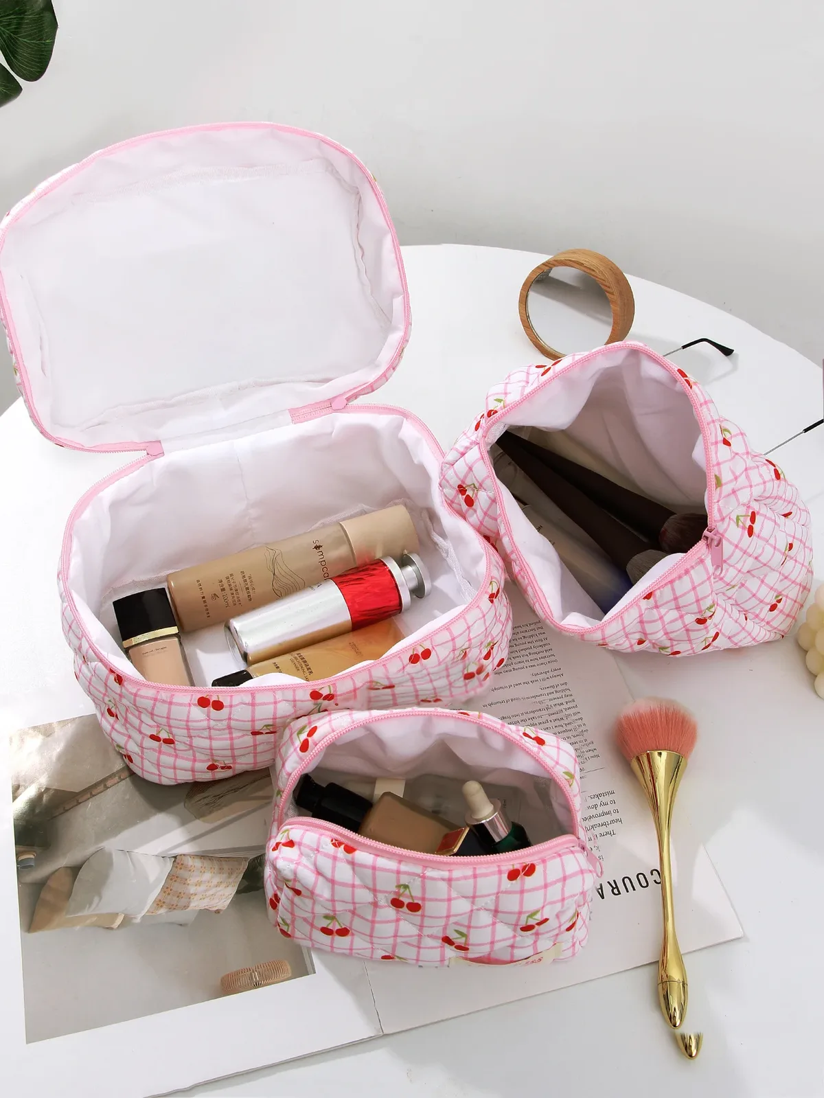 grand sac de maquillage matelassé cerise rose 1 pièce/ensemble, trousse de maquillage mignonne, trousse de maquillage de voyage, trousse de rangement de maquillage pour femmes et filles