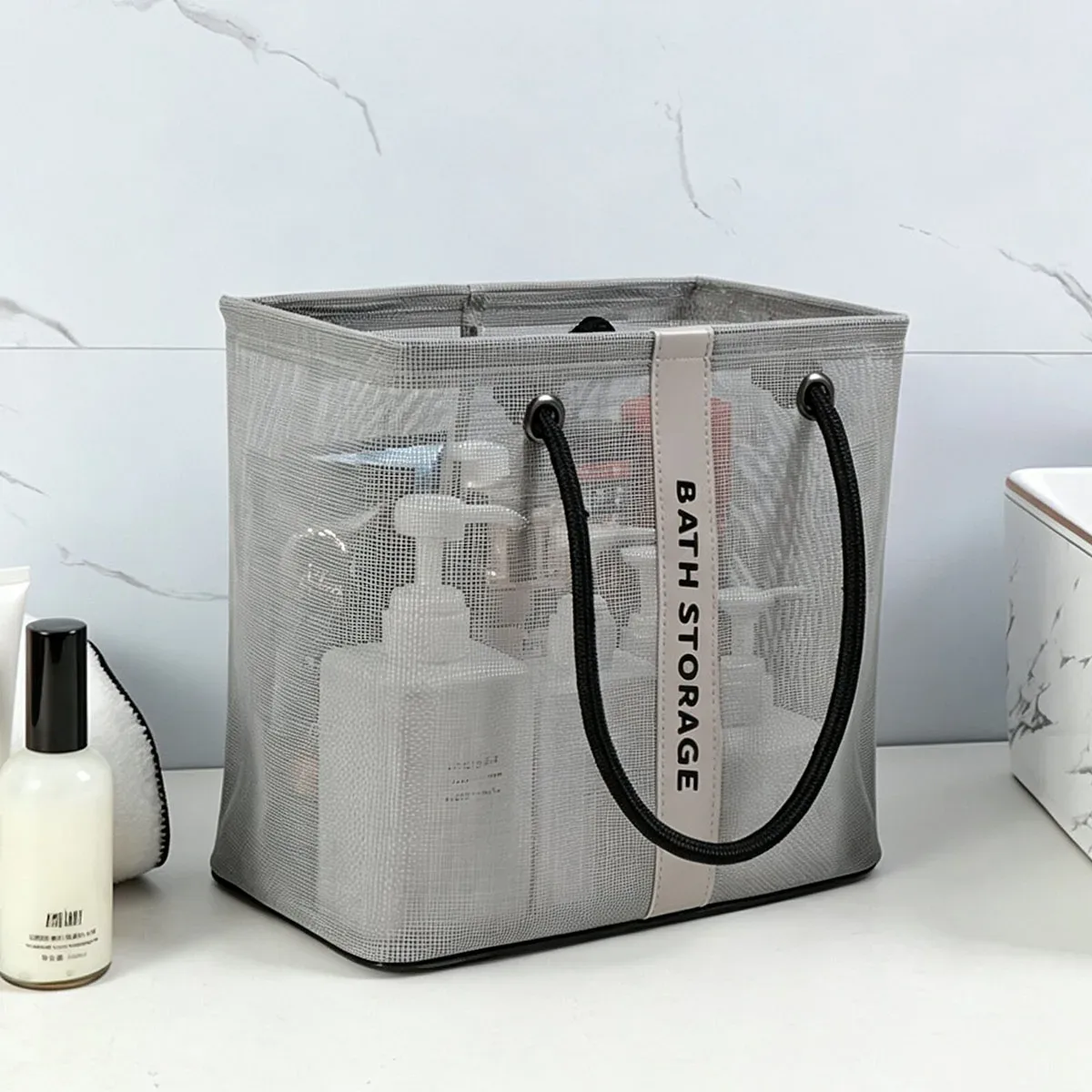 sac de toilette portable en maille avec poignée, séchage rapide, grande capacité, pour salle de bain, douche, voyage, maquillage, sac à main organisateur, panier