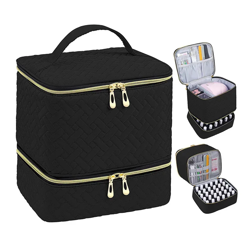 organisateur de vernis à ongles avec lumière uv intégrée, étui de transport double couche pour vernis à ongles, capacité de 30 flacons, sac de rangement, kit de manucure