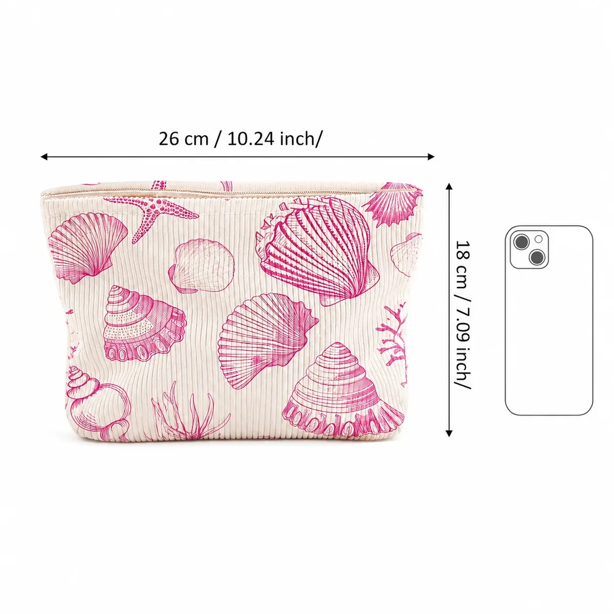 trousse de maquillage femme en velours côtelé rose imprimé coquillage grande capacité avec fermeture éclair pour voyage, plage et articles de toilette