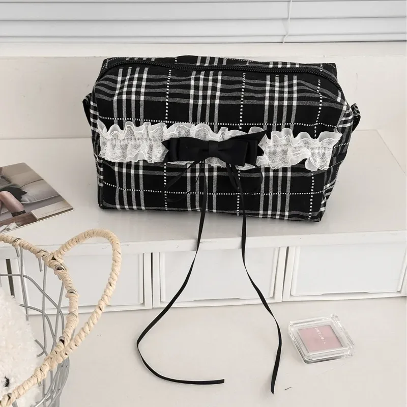 sac de maquillage à carreaux noir et blanc, doux et décontracté, pour écolière, dentelle, style coréen ins, grand étui à cosmétiques, organisateur de voyage mignon