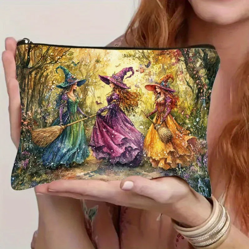 trousse de maquillage rétro en résine de sorcière, avec conception de forêt d'automne vibrante, fermeture éclair de sécurité, sac de voyage multifonctionnel