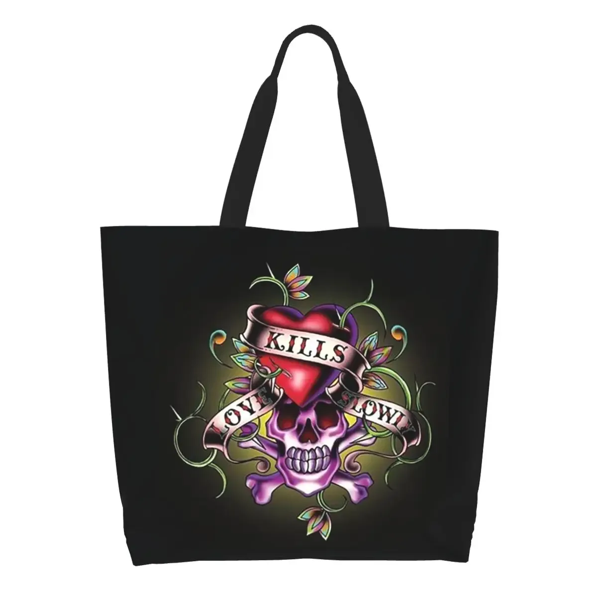 Ed Hardy Love Kills Slowly Shopping Tote Bag Sac à bandoulière en toile grande capacité Sac de courses pour femme