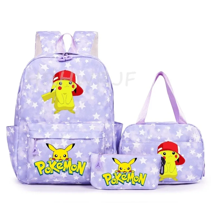 sac à dos pikachu de dessin animé pour femmes, 3 pièces, sacs d'école en nylon pour adolescentes, sac à dos de voyage pour dames, sac à bandoulière