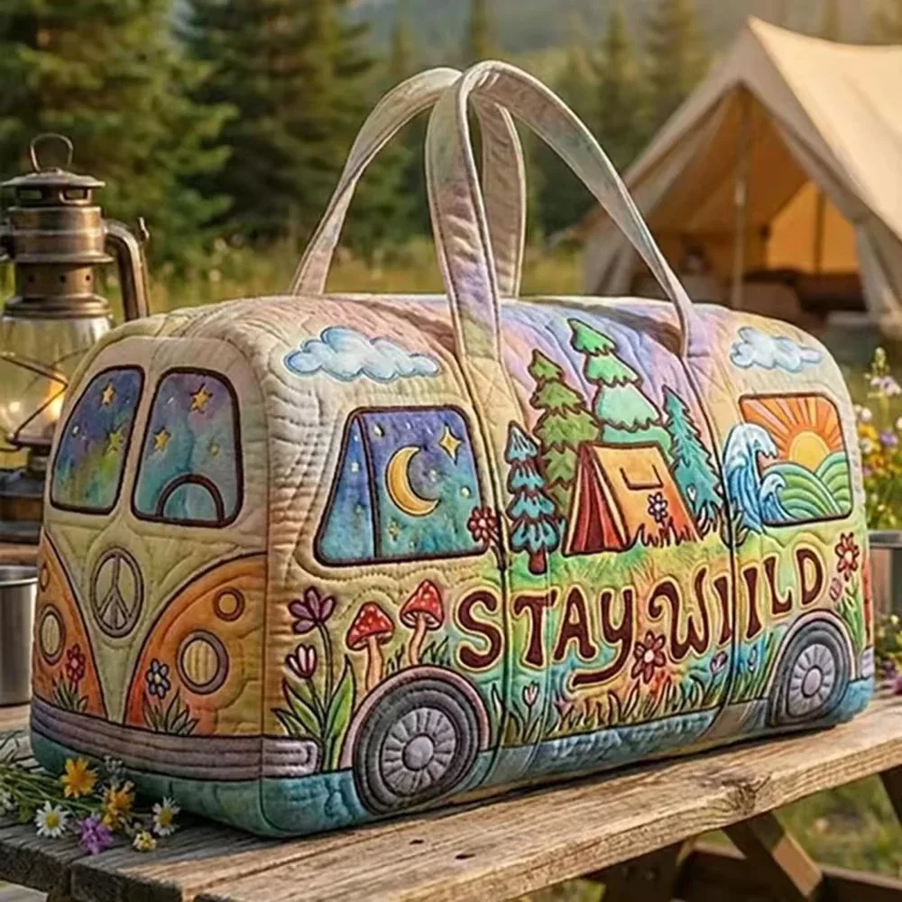 sac de voyage matelassé 3d tendance, motif bus, grande capacité, sac à main rétro bohème, sac de sport robuste pour les sorties quotidiennes