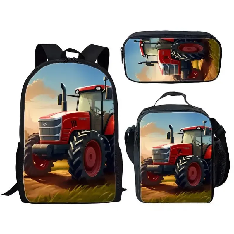 sac à dos tendance et populaire pour étudiants, motif simulateur d'agriculture avec tracteur imprimé en 3d, lot de 3 pièces : sac à dos pour ordinateur portable, sac à déjeuner et trousse à crayons