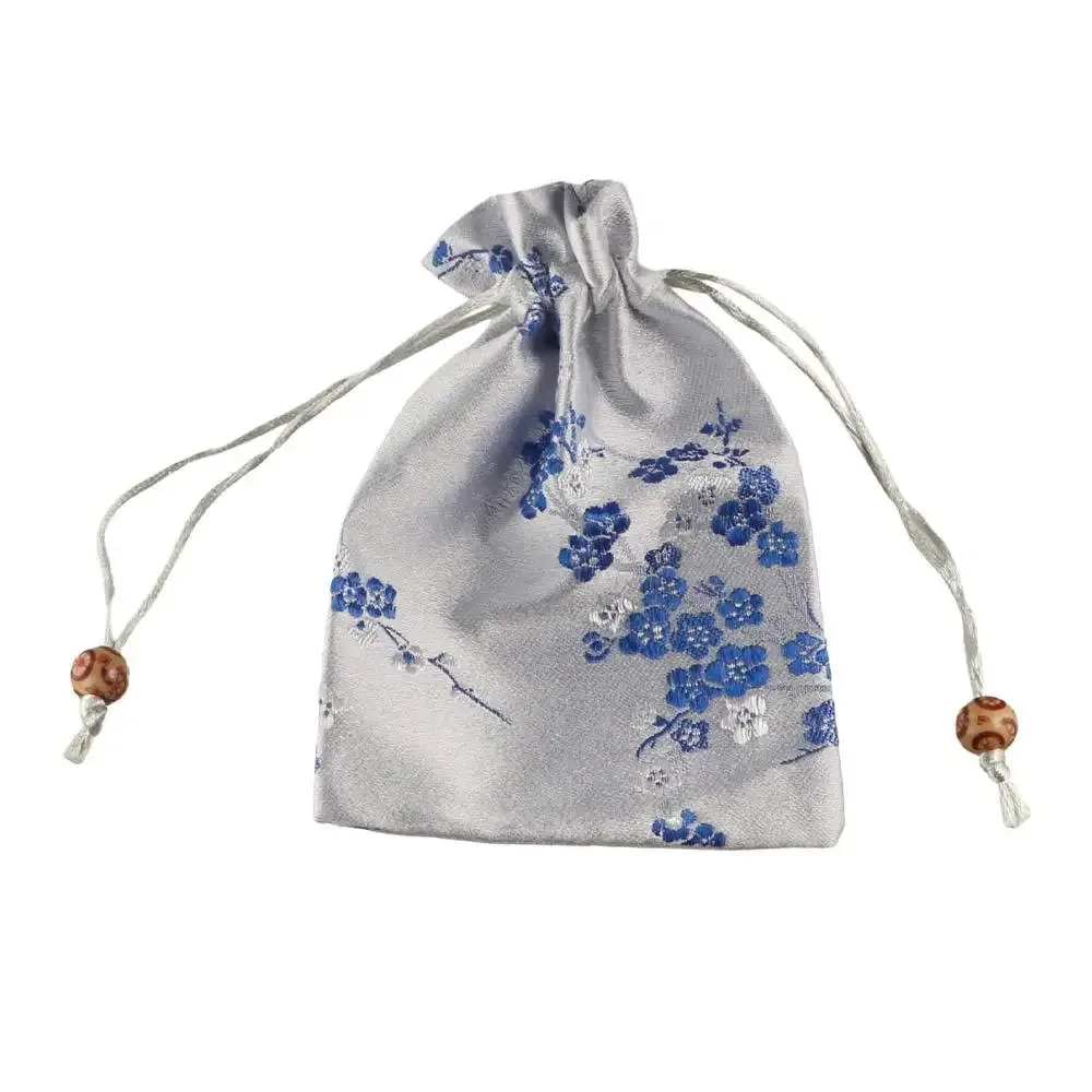 sac de rangement rétro en satin, sac cadeau à cordon brodé de fleurs, cravate à cordon de serrage, sachet pour femmes et enfants