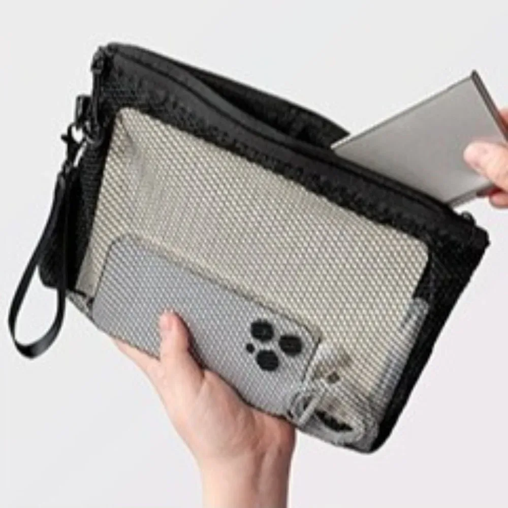 sac de rangement en maille légère avec fermeture éclair, trousse de toilette en polyester, couleur unie, sac à cosmétiques multifonctionnel, usage polyvalent