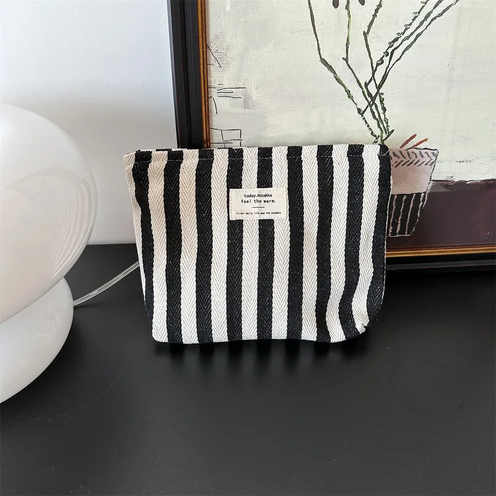 sac à cosmétiques à rayures simples pour femmes, petit sac de maquillage portable, étui de maquillage, sac à main de rangement, pochette de voyage, organisateur pour dames