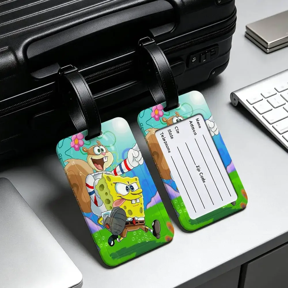 étiquette de bagage portable anti-perte en pvc, motif dessin animé mignon s-spongebob, porte-carte d'informations pour valise, sac à dos, étiquette de voyage